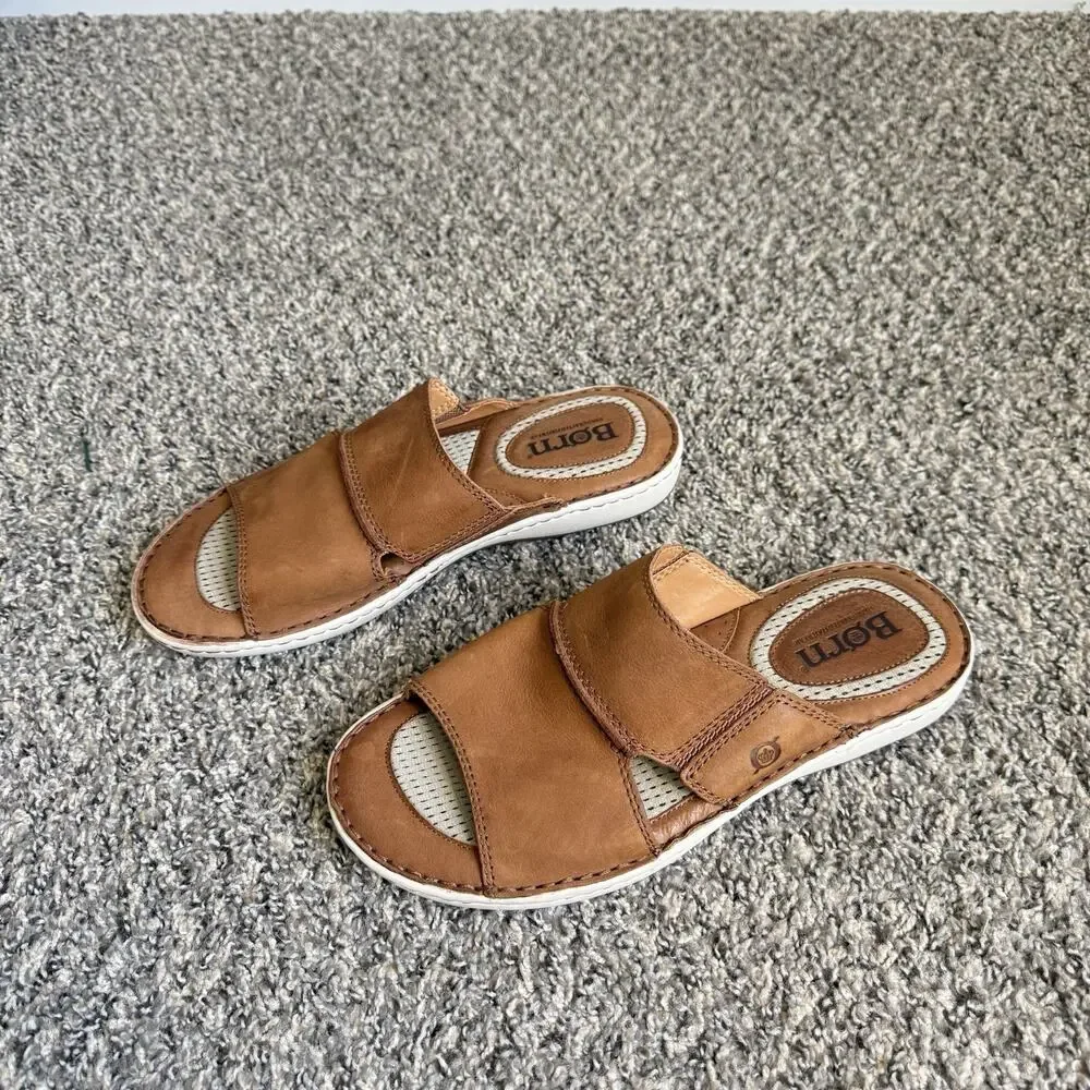 Born Men's Flores Full Grain Leather Slip-On Sandal Camel Brown Slide Sz 12 M